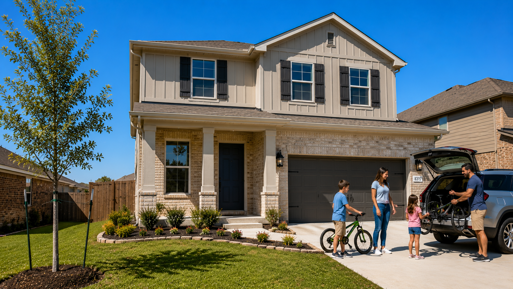 David Weekley Homes modern transitional model in a Houston neighborhood
