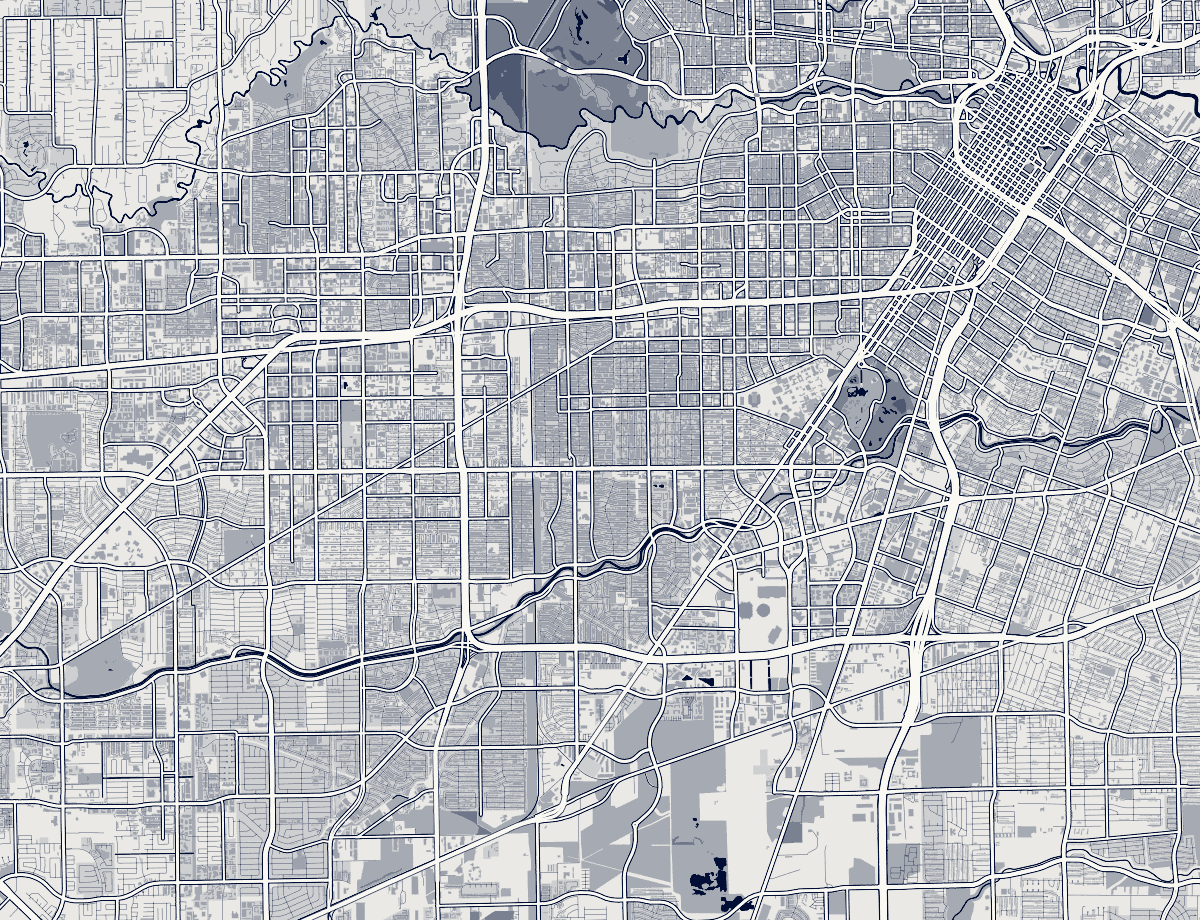 Orientation map of the Bellaire &middot; West University area, Houston, showing its neighborhoods and major roads. Static orientation map.
