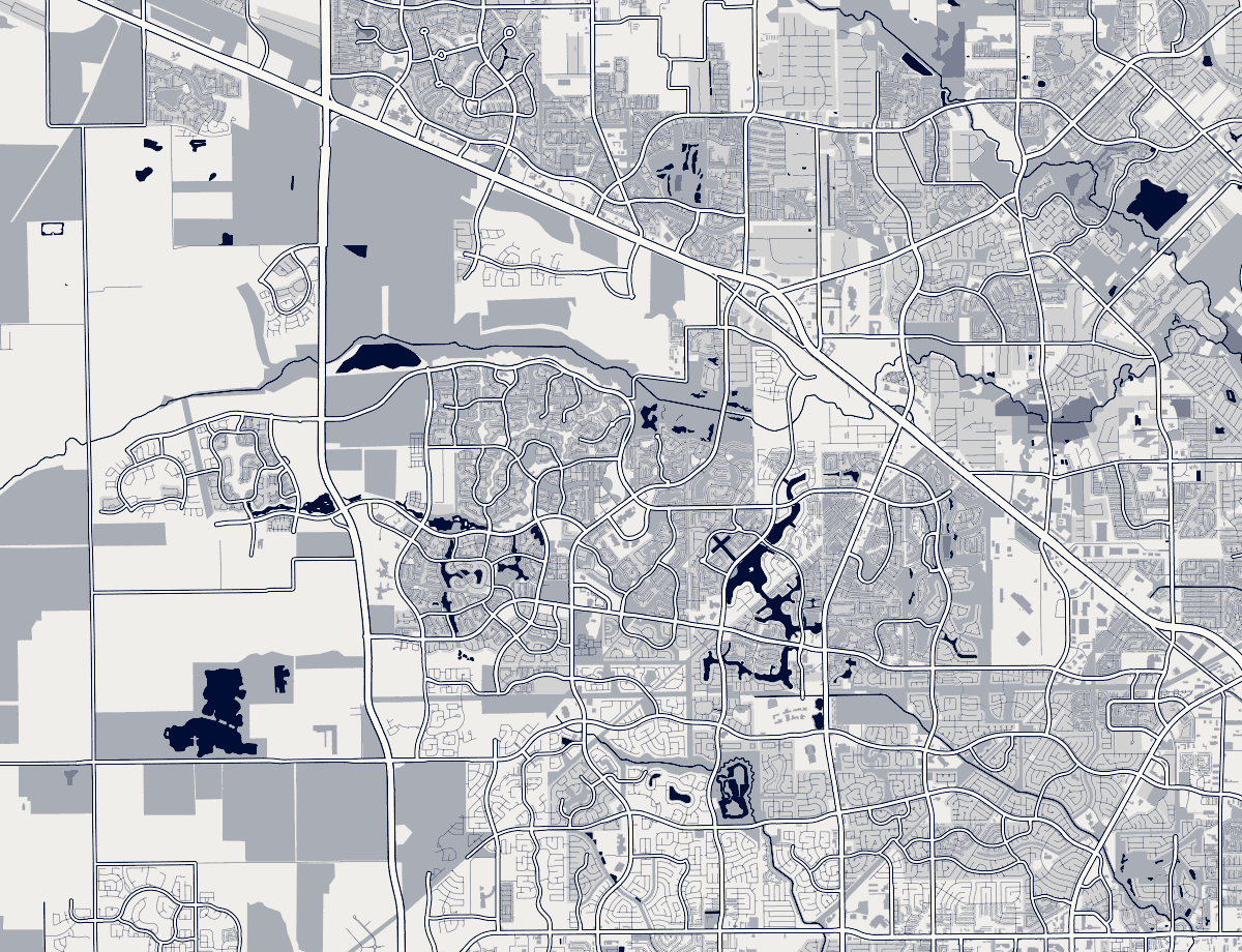 Orientation map of the Bridgeland area, Houston, showing its neighborhoods and major roads. Static orientation map.