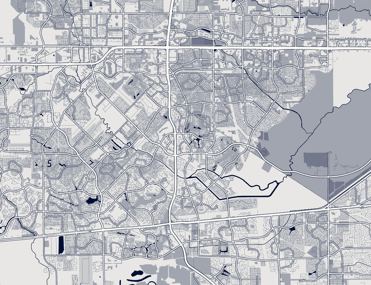 Orientation map of the Cinco Ranch area, Houston, showing its neighborhoods and major roads. Static orientation map.