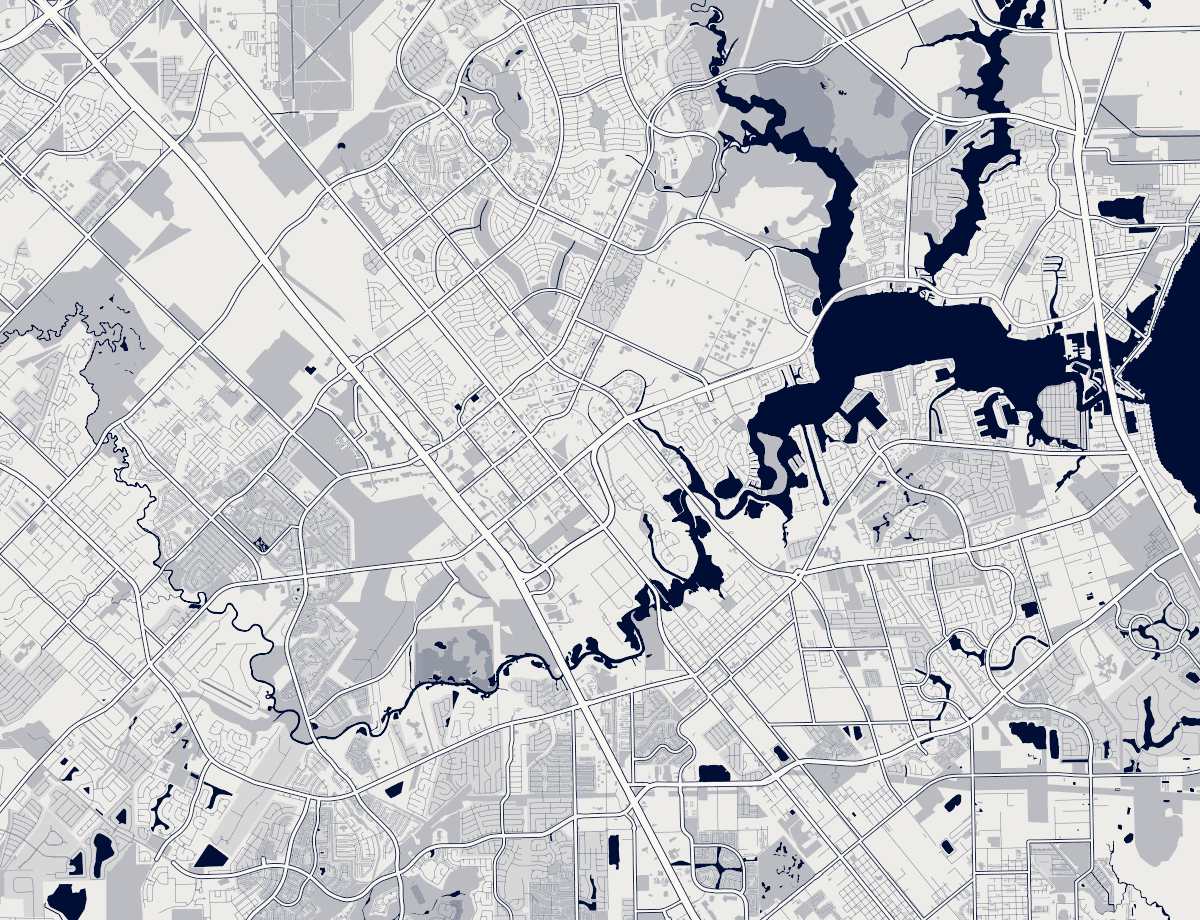 Orientation map of the Clear Lake &middot; Friendswood &middot; League City area, Houston, showing its neighborhoods and major roads. Static orientation map.