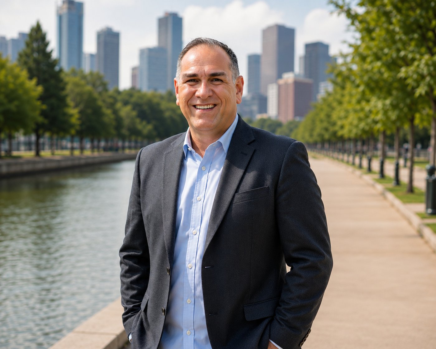 Eddie Weir, Houston REALTOR&reg; with REMAX Signature, with the downtown Houston skyline behind him