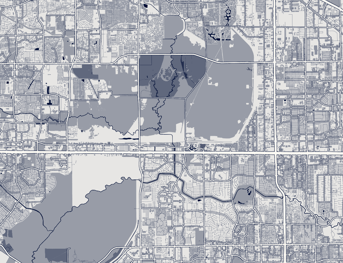 Orientation map of the Energy Corridor area, Houston, showing its neighborhoods and major roads. Static orientation map.