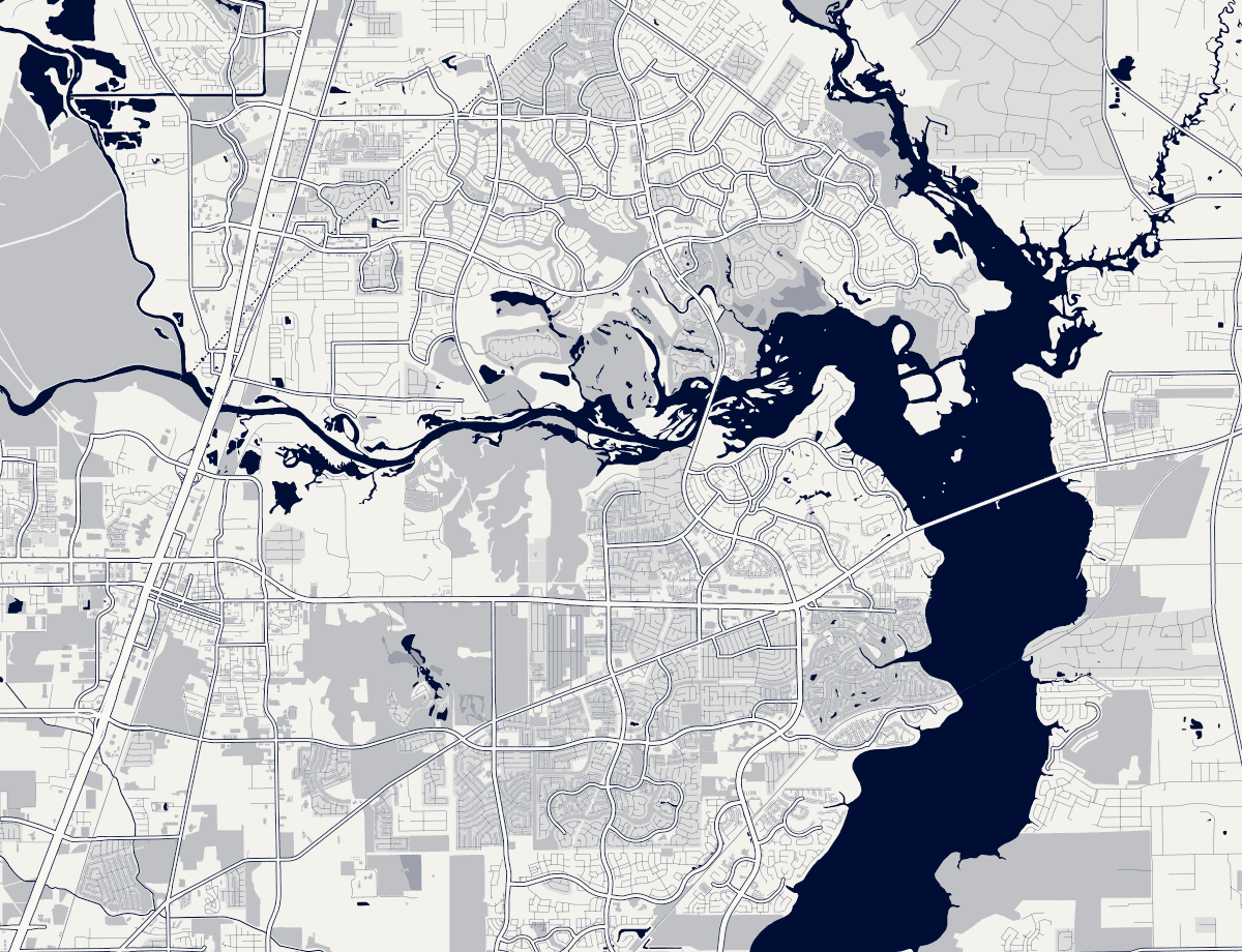 Orientation map of the Kingwood &middot; Atascocita area, Houston, showing its neighborhoods and major roads. Static orientation map.