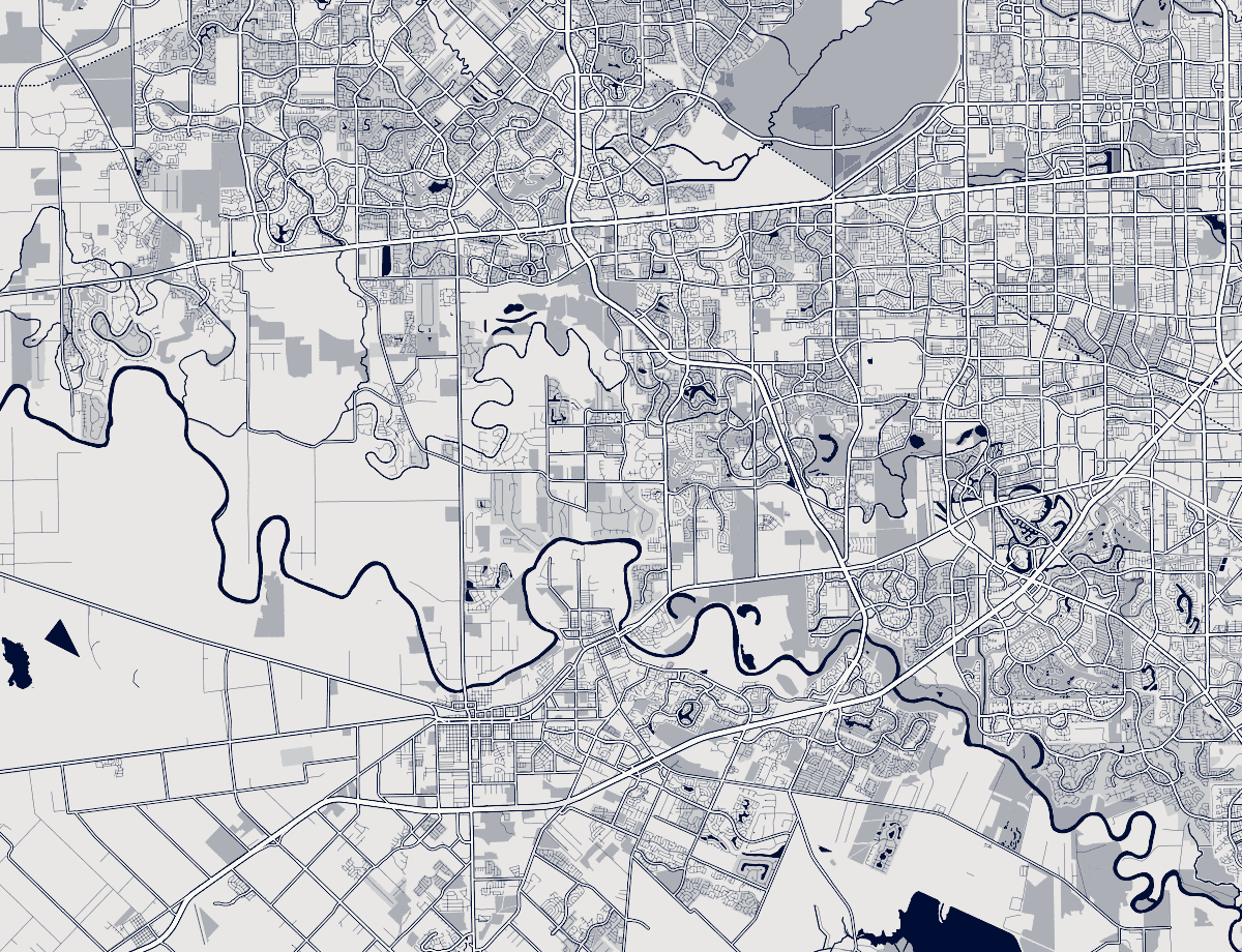 Orientation map of the Richmond &middot; Rosenberg area, Houston, showing its neighborhoods and major roads. Static orientation map.