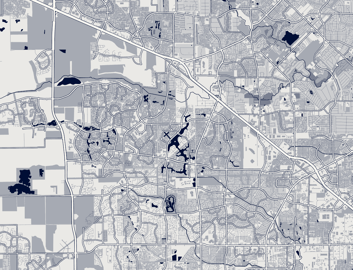 Orientation map of the Towne Lake area, Houston, showing its neighborhoods and major roads. Static orientation map.
