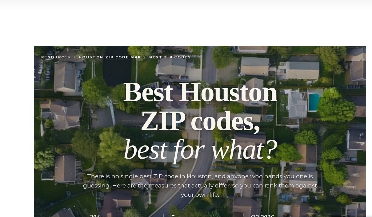 Best Houston ZIP codes page: 204 ZIP codes compared across 5 measures with Q3 2026 market data, no ranking