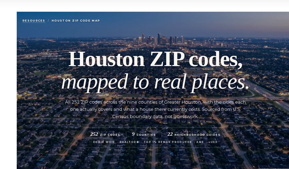 Houston ZIP code map page showing 252 ZIP codes, 9 counties, and 22 neighborhood guides
