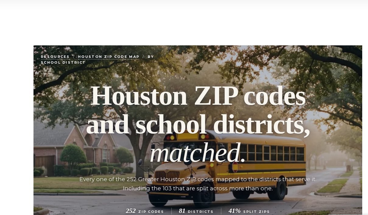 Houston ZIP codes by school district page: 252 ZIP codes, 81 districts, 41 percent split ZIPs