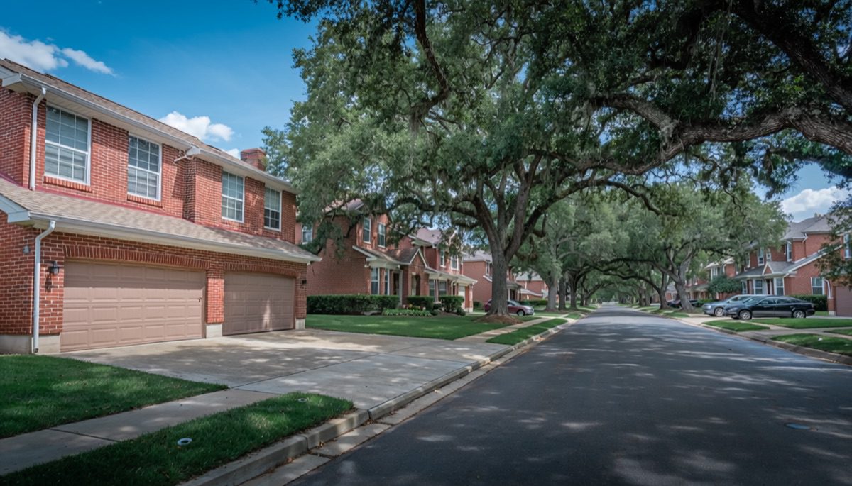 Dry, sunny residential street of two-story brick homes shaded by live oaks