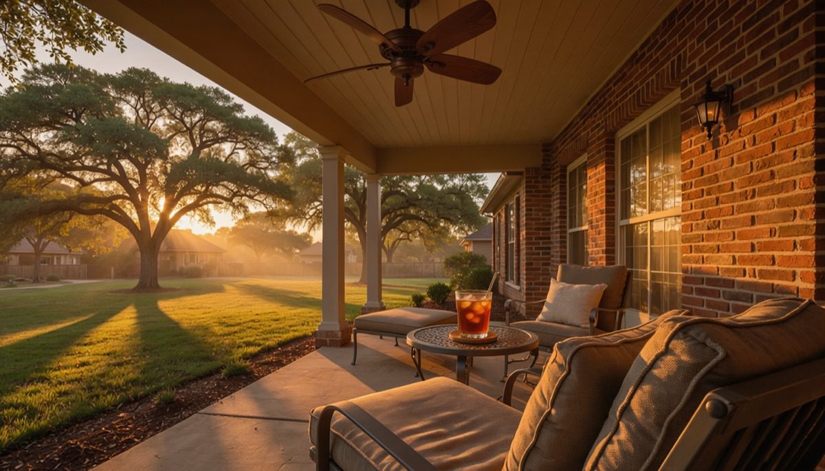 Shaded covered patio with a ceiling fan at a brick Texas home, live oaks in low evening sun