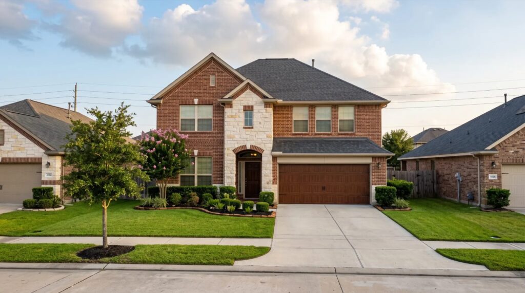 Illustrative AI-generated image of a well-kept two-story brick and stone home with a two-car garage.