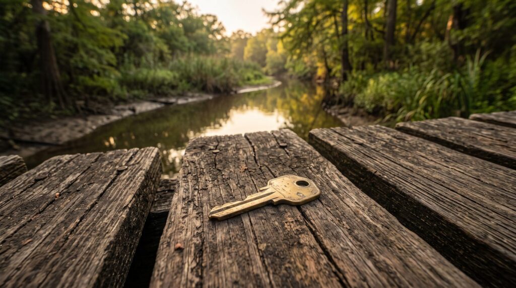 A house key resting on a weathered wooden footbridge over a calm creek in golden light.