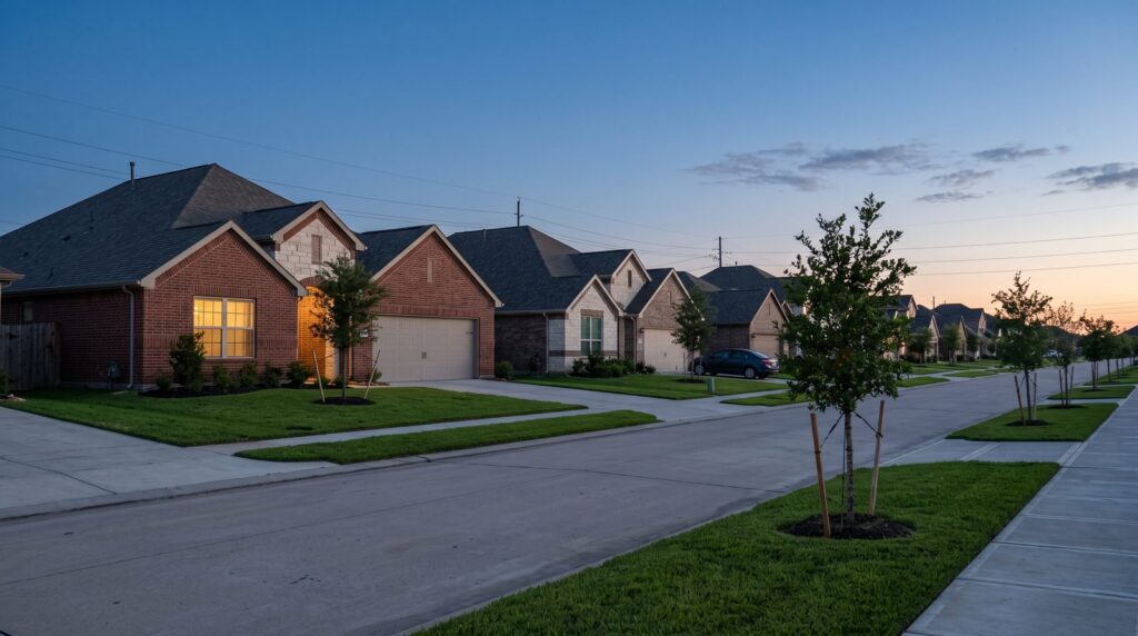 A quiet Houston-area street at blue hour with one home's front window softly lit.
