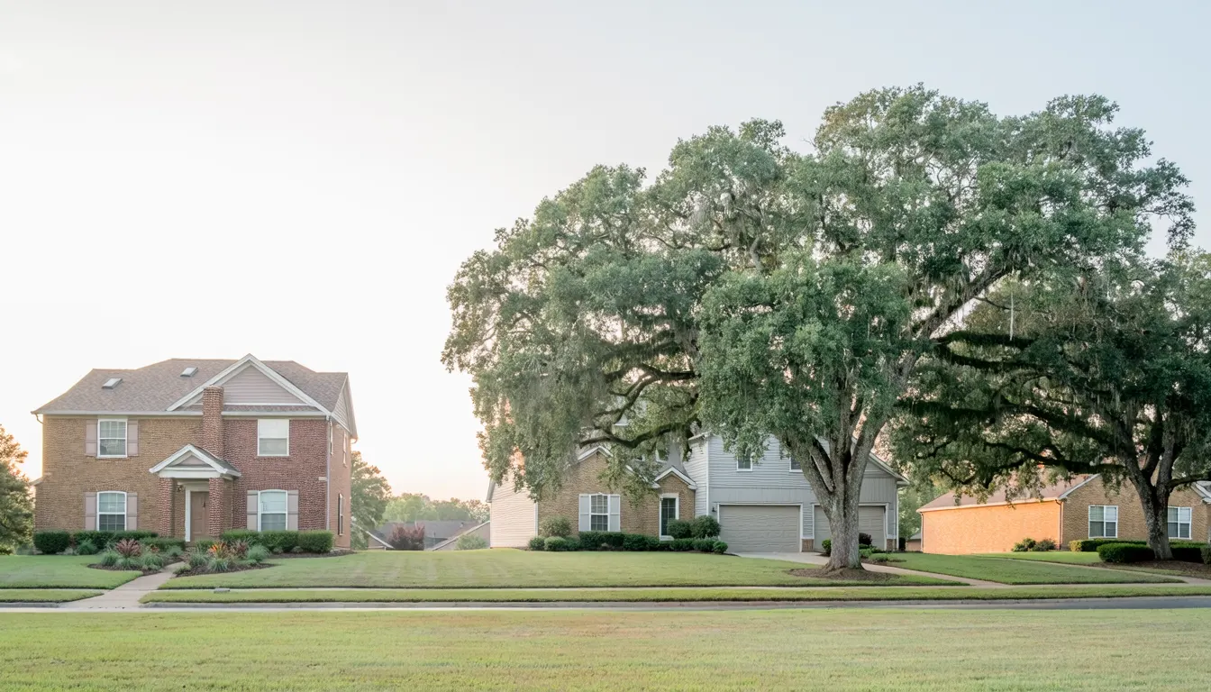 Conceptual residential street with brick and siding houses and mature trees