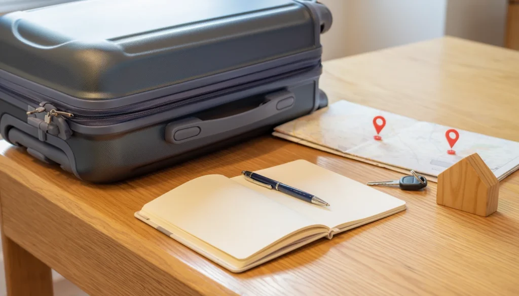 Carry-on suitcase, open notebook, map markers, car key and wooden house model on a table.