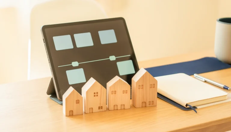 Conceptual illustration of a tablet with abstract search controls beside wooden house models and a notebook.