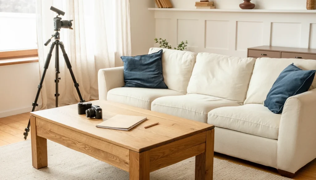 Conceptual illustration of a living room with a sofa, photography equipment and a notebook on a coffee table.