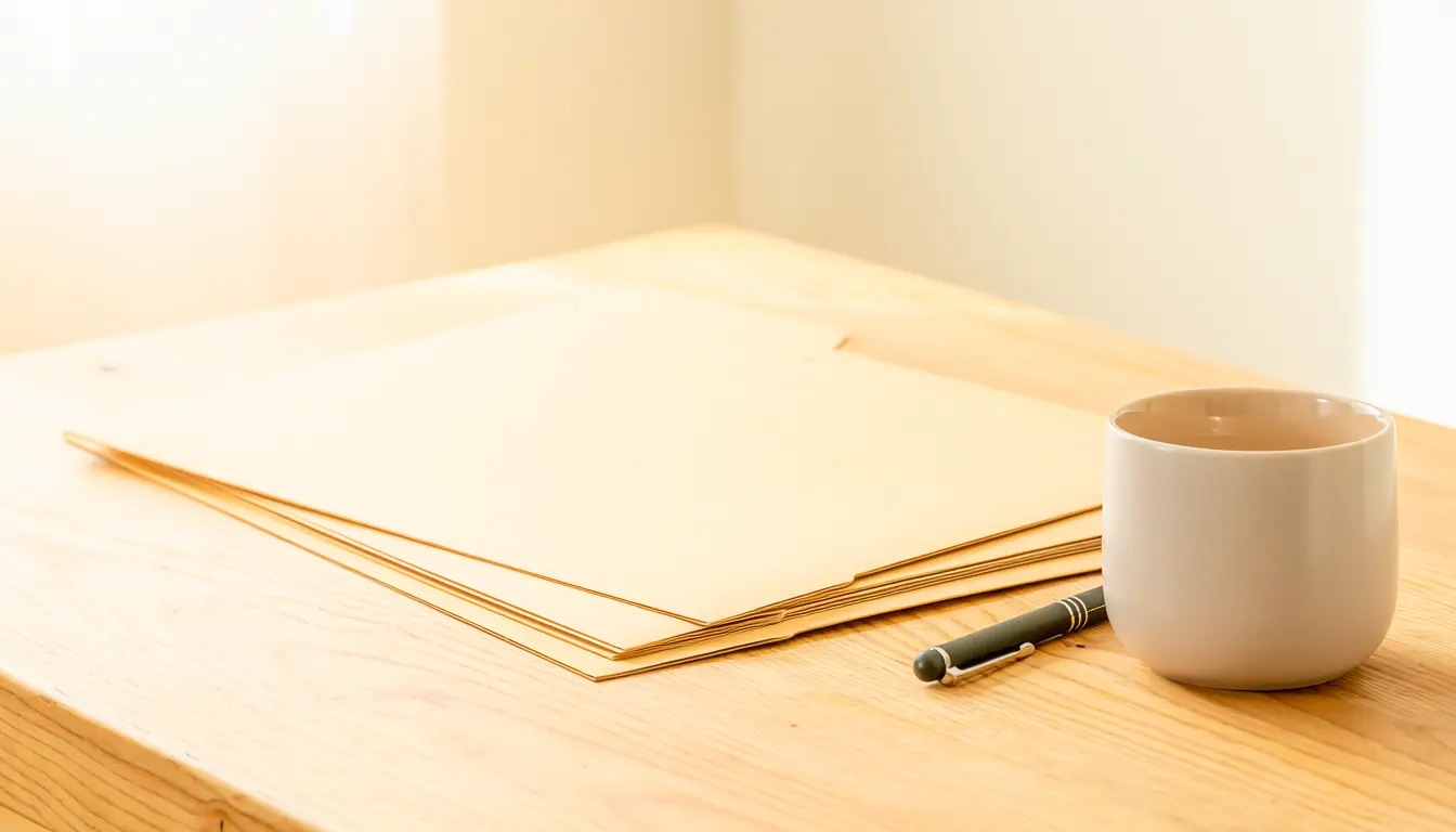 Conceptual closing table with folders, a pen and a ceramic cup