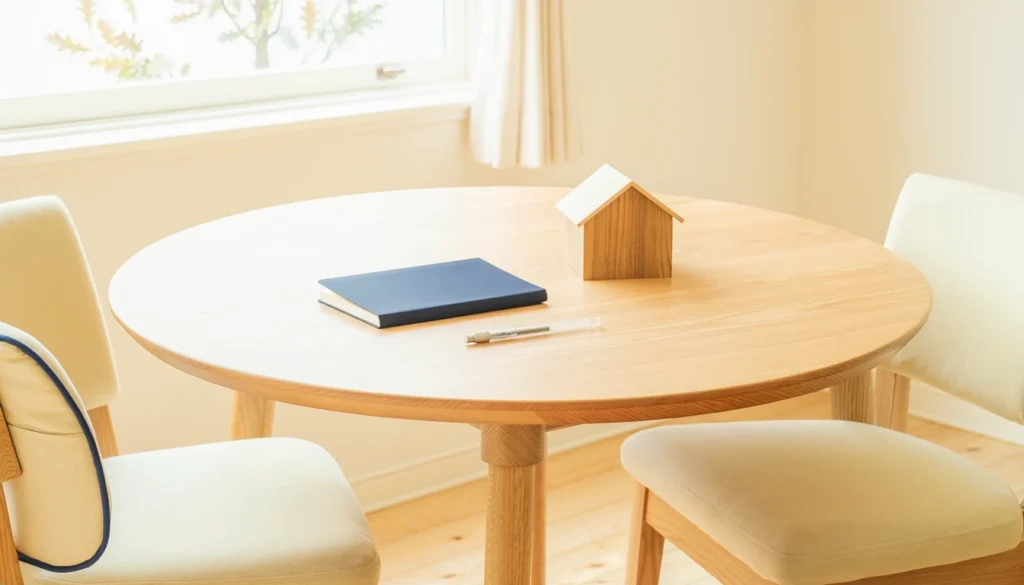 Conceptual illustration of two chairs around a wooden table with a navy notebook, pen and house model.